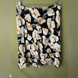 Ann Taylor Linen Blend Floral Midi Skirt Sz 12 Black Zip‎ A-Line
